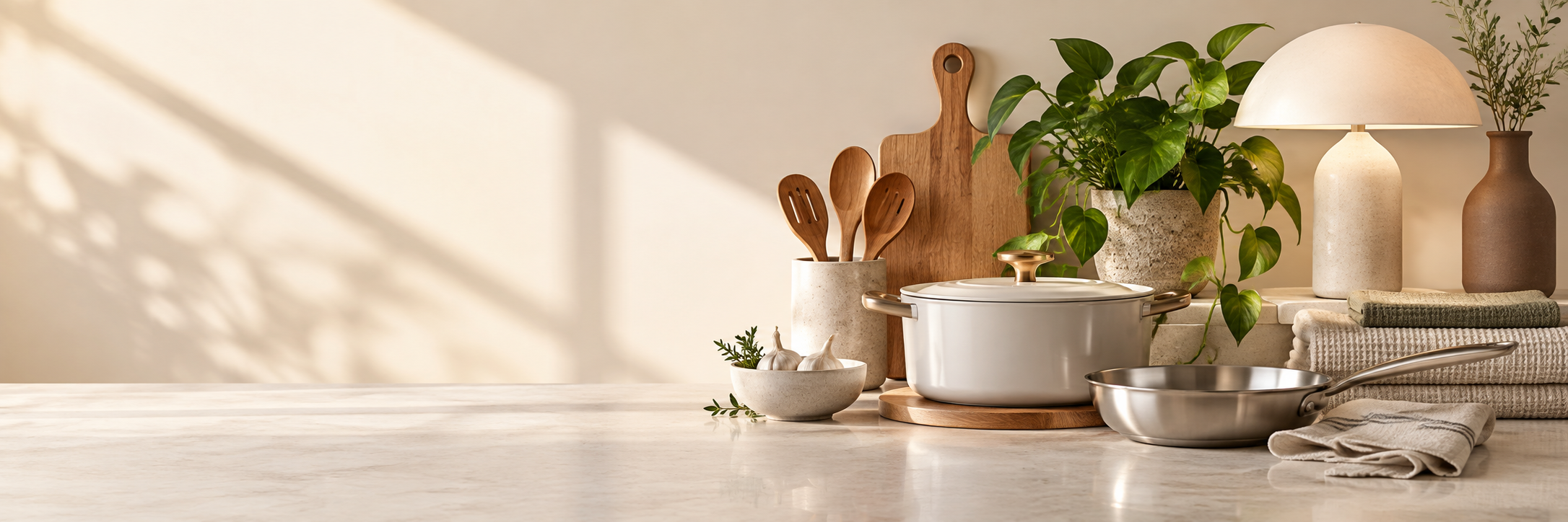 Home and kitchen essentials in a warm editorial setting