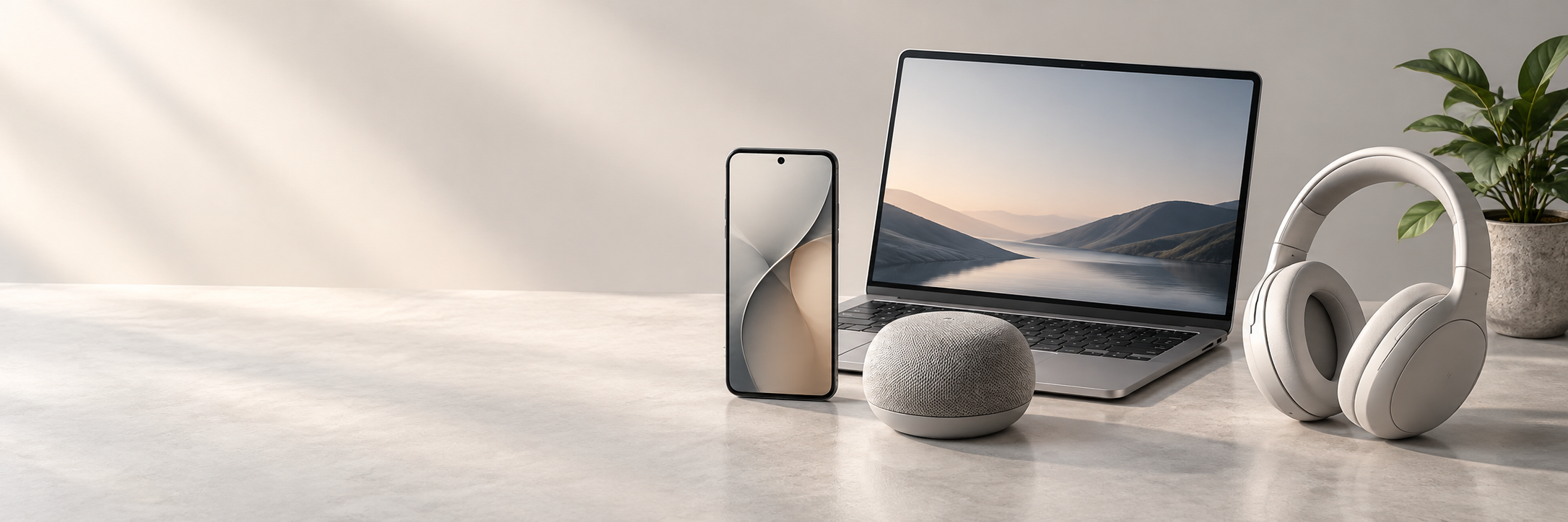 Technology essentials arranged in a warm modern studio